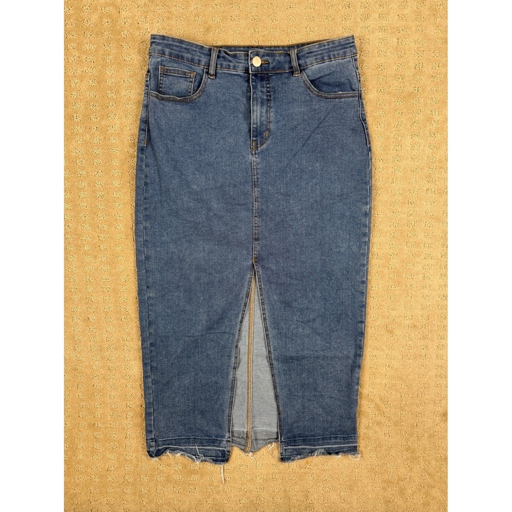 Women's Vine and Valley Denim Jean Front Slit Midi Skirt Sz L Raw Hem #1339
